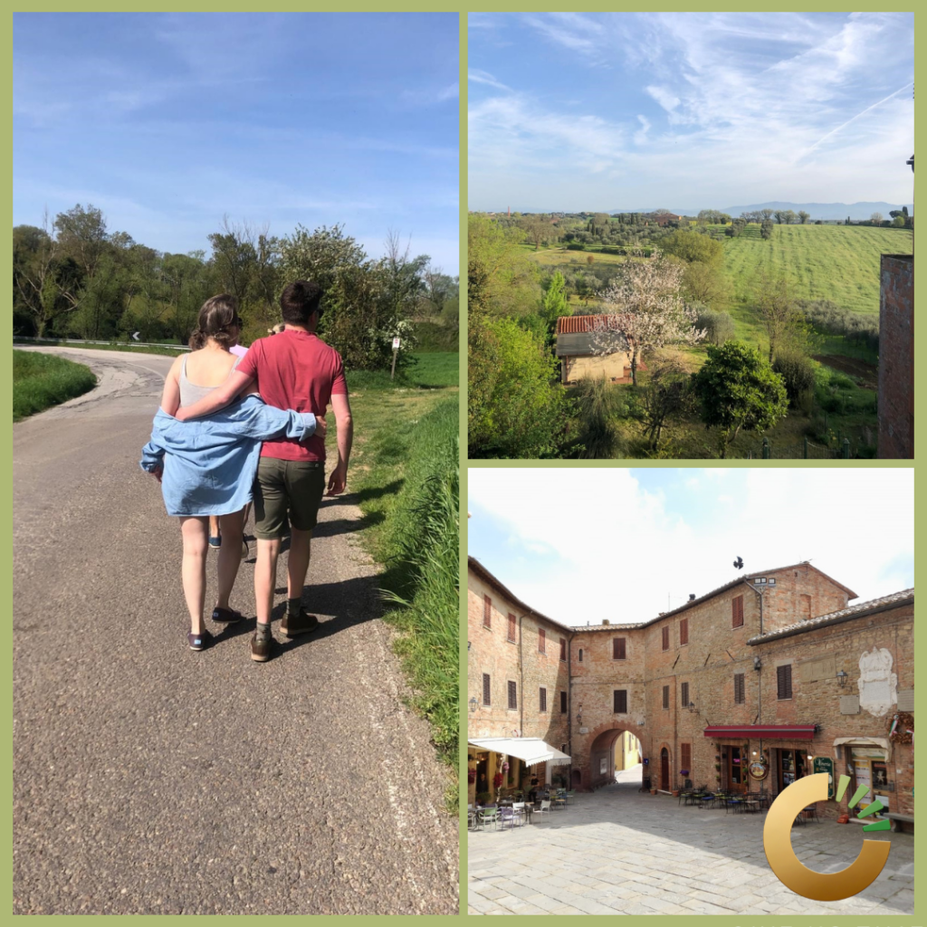 a picture of a couple walking down a road a picture of a house a picture of a field